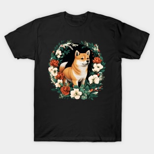 Shiba Inu Dog, Rose, Floral Ornament T-Shirt